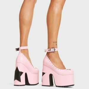 Pink Star-Accent Platform Chunky Heels with Ankle Strap